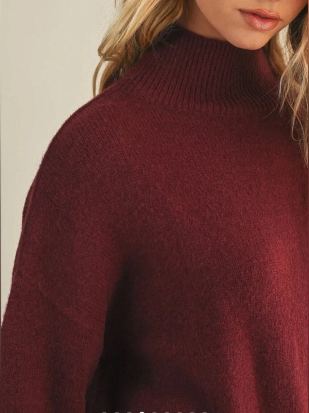 Mustard Seed Oversized Mock Neck High Low Sweater - Burgundy - Picture 5 of 15
